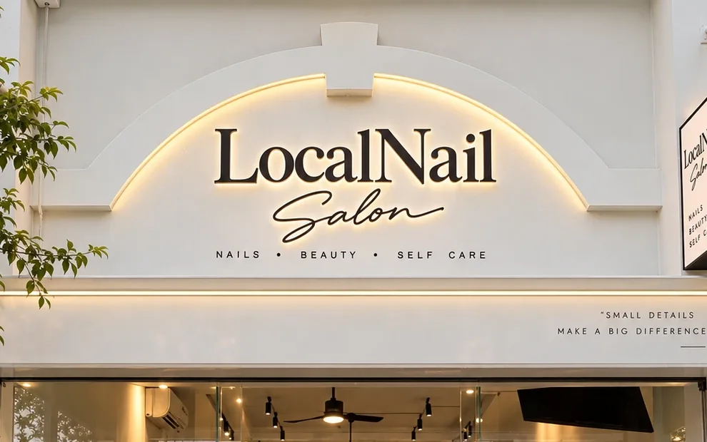 The lit arched LocalNail Salon sign above the salon entrance